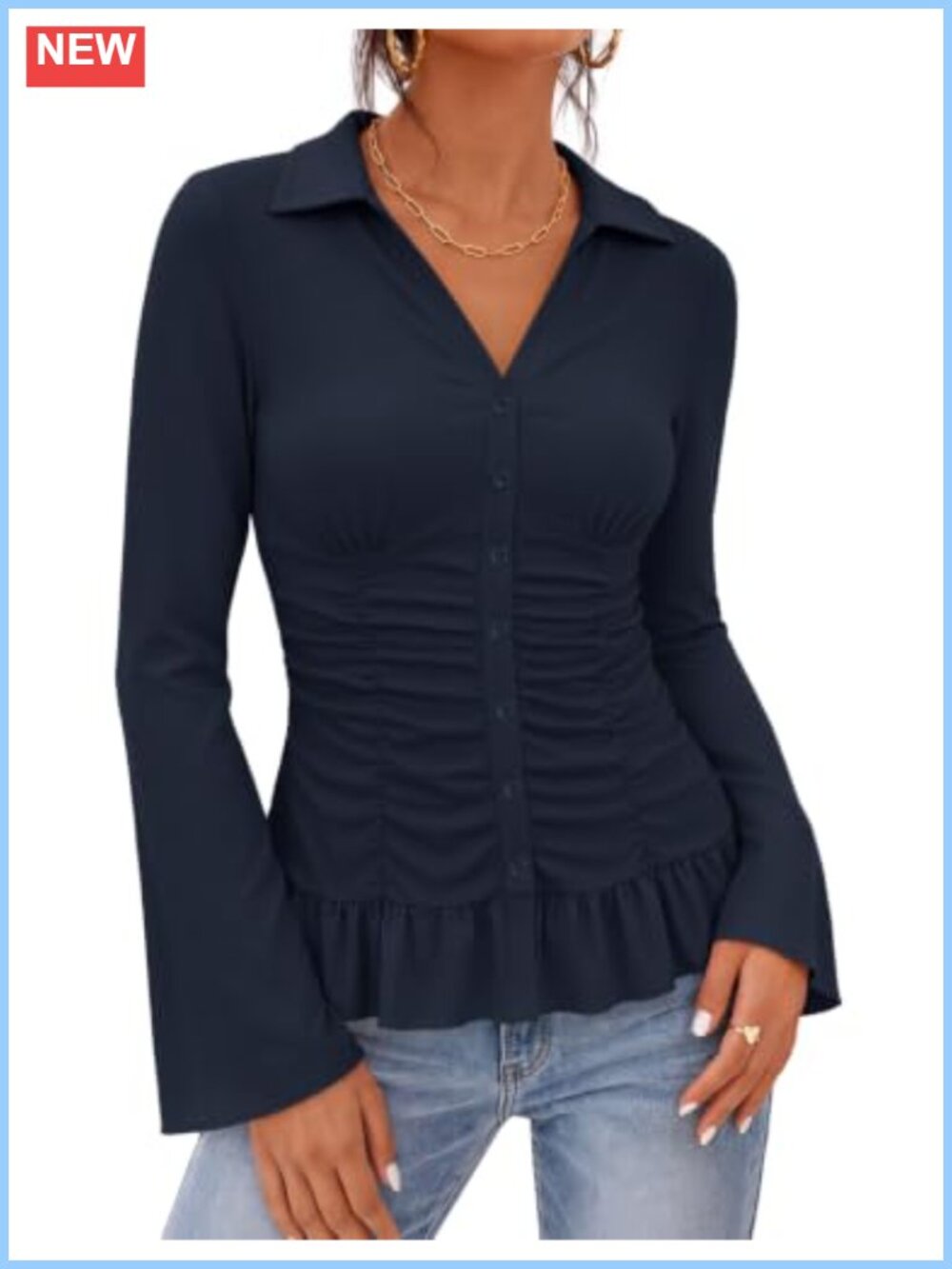 Womens Business Casual V Neck Bell Sleeve Button Down Ruched Blouse